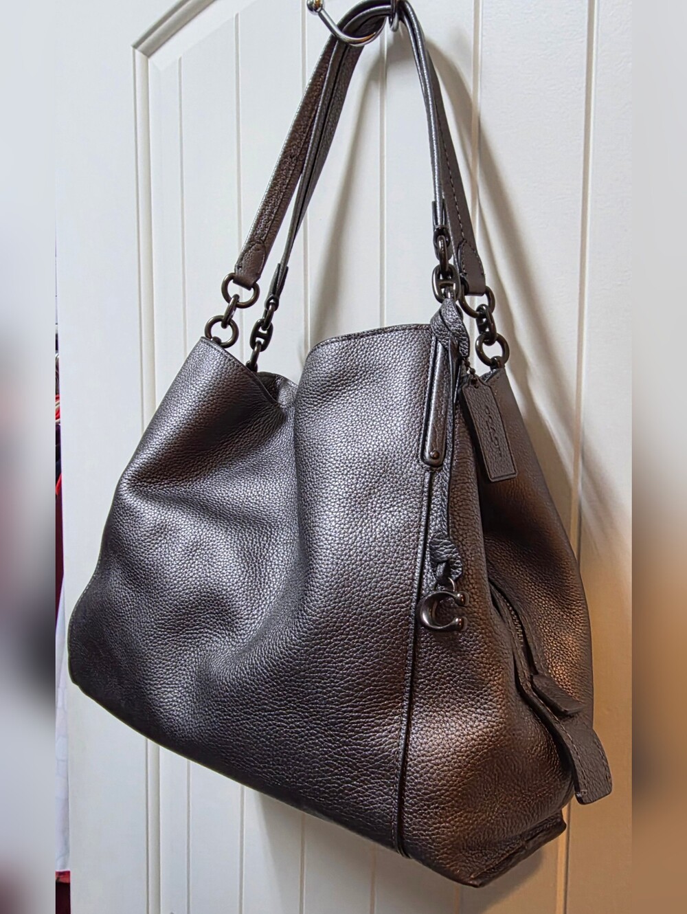 COACH Dalton 31 Graphite Grey Pebbled Leather Shoulder Bag